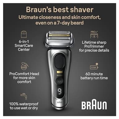 Braun Series 9 PRO+ Electric Razor for Men, 5 Pro Shaving Elements and Shave-Preparing ProComfort Head for Closeness & Skin Comfort, 6in1 SmartCare Center, Wet or Dry Use, Charging Stand, 9597cc - Image 3
