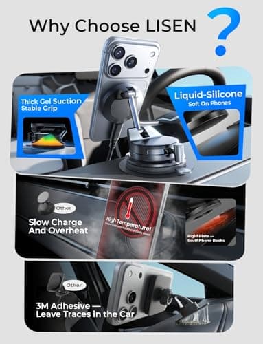 LISEN 15W Magsafe Car Mount Charger，[Lever Lock] Suction Cup Phone Holder, [More Portable＆Flexible] 360° Vacuum Magnetic Car Phone Holder Charger Wireless for iPhone 17 Pro Max Air 16 15 14 13 12 - Image 6