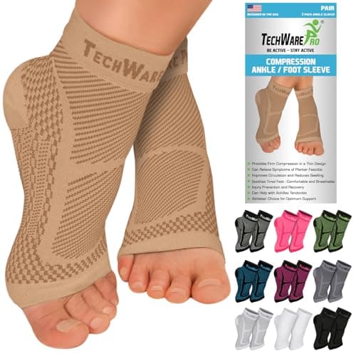 TechWare Pro Ankle Brace Compression Sleeve - Relieves Achilles Tendonitis, Joint Pain. Plantar Fasciitis Foot Sock with Arch Support Reduces Swelling & Heel Spur Pain. (Beige, S/M) - Image 1