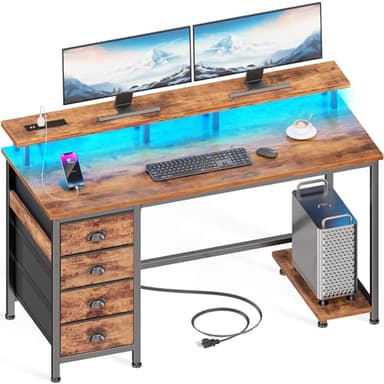 Furologee 47" Computer Desk with 4 Fabric Drawers & Monitor Stand, Gaming Desk with Power Outlets - LED Lights, Home Office Space-Saving Study Table for Bedroom Small Spaces (Rustic Brown) - Image 1