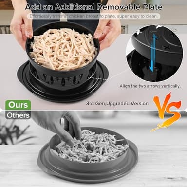 3rd Gen Chicken Shredder Tool Twist Large with Detachable Plate for Easy Transfer, Chicken Breast Shredder, Meat Shredder, Strong Anti-Slip Strip Base, Visible Lid, Ergonomic Handle, Dishwasher Safe - Image 3