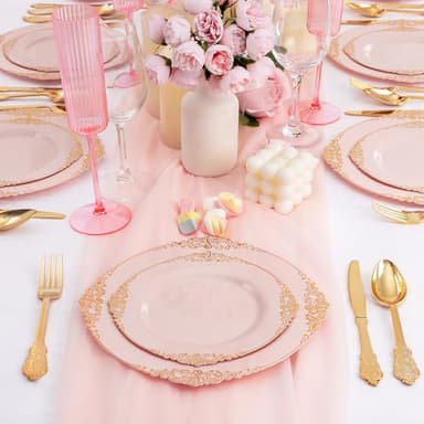 Joyido 125PCS Pink and Gold Plastic Plates - Pink Disposable Plates - Vintage Plate with Gold Plastic Silverware Set for 25 Guests for Weddings Parties - Image 4