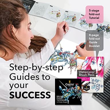 Castle Art Supplies Watercolour Brush Pens Set | 24 Lively Colours, with Flexible Nylon Tips | For adult colouring, painting, lettering – artists and beginners | Travel Case with Extra Water Brush Pen - Image 5