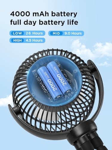 Tasigok Portable Stroller Fan, 4000mAh Battery Operated Mini Personal Baby Fan with Night Light, 26H 3 Speeds Rechargeable, 360° Rotate Handheld Desk Cooling for Car Seat Crib Treadmill Travel - Image 2