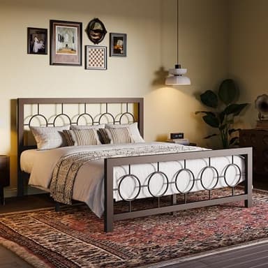 SHA CERLIN Queen Size Metal Bed Frame with Vintage Circular Design Headboard and Footboard,No Box Spring Required,Easy Assembly,Noise-Free,Brown - Image 3
