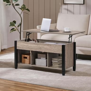 Yaheetech Gray Coffee Table, Lift Top Coffee Table with Hidden Compartment & Shelf, Lift Up Dining Table for Living Room Reception, Retro Central Table with Wooden Lift Tabletop, 41 inch L - Image 2