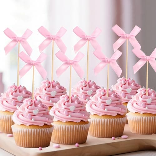 24 Pcs Pink Bow Cupcake Toppers Bow Birthday Decorations for Girls Women Baby Show Wedding Coquette Themed Party Decorations (Pink) - Image 1