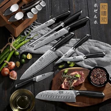 HOSHANHO 16-Piece Knife Set with Block, Ultra Sharp High Carbon Powder Steel Knife Block Set, Chef Knife Set Professional Kitchen Knives Set with Sharpener and Pakkawood Handle - Image 7