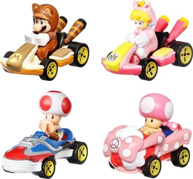 Hot Wheels Mario Kart 4-Pack, Collectible Set of 4 Toy Vehicles with Tanooki Mario, Cat Peach, Toad Sneeker & Toadette Birthday Girl - Image 2
