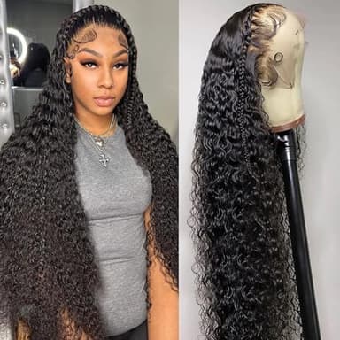 13x6 Water Wave Lace Front Wigs Human Hair Wigs 10A 30 Inch 250 Density HD Transparent Wet and Wavy Lace Front Wigs Human Hair Glueless Deep Curly Lace Frontal Wigs Human Hair Pre Plucked for Women - Image 1