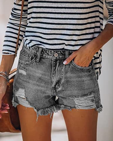 CHICZONE High Waist Jean Shorts for Women Casual Summer Frayed Hem Cutoff Ripped Denim Shorts Grey S - Image 2