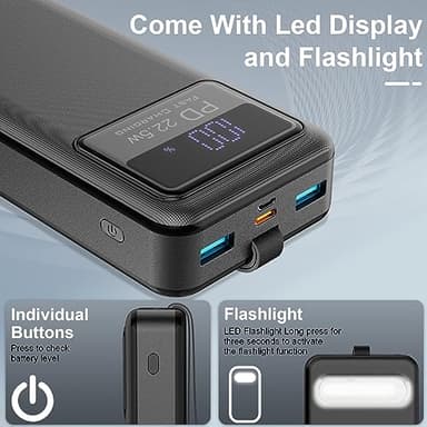 JYTIGV Portable Charger,20000mAh USB C in & Out Power Bank,22.5W PD Fast Charging Built-in LED Display and Flashlights Battery Pack Compatible with iPhone iPad Samsung LG Android Cellphone (Black) - Image 3