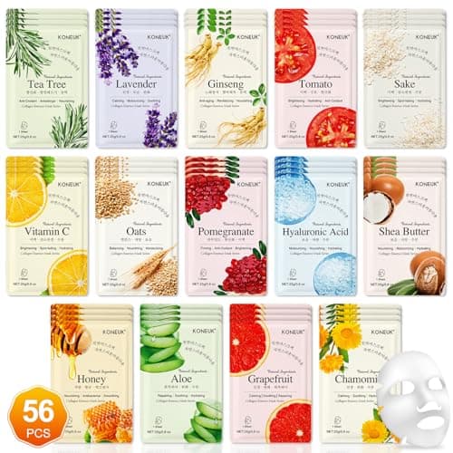 KONEUK 56 Pack Sheet Face Masks Skincare for Women, Hydrating Face Masks Suitable for Sensitive Skin, Bulk Facial Mask Gifts Set for Skin Care, Home Skincare Spa for All Skin Types - Image 1