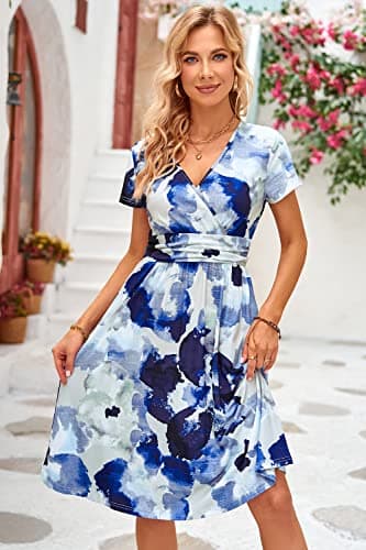 OUGES Women's 2024 Summer Short Sleeve V-Neck Floral Short Party Dress with Pockets Casual Spring Dresses for Women 2024 (Floral16,XL) - Image 2