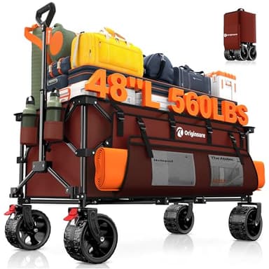 48" L Collapsible Wagon Cart Foldable, 560lbs Weight Capacity 300L Heavy Duty Folding Beach Wagons with Big All-Terrain Wheels, Utility Carts for Groceries, Shopping, Camping, Sports - Red - Image 1