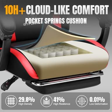 GTRACING Gaming Chair with Foot Rest & Pocket Spring Cushion, Ergonomic High Back Computer Chair with Headrest & 360°-Swivel Seat for Home Office Desk, PU Leather, Red - Image 4