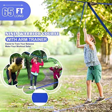 2x65 FT Ninja Warrior Obstacle Course for Kids with 13 Ninja Accessories - 600lbs Weight Capacity, Slackline with Swing Seat, Disc Swing, Ninja Wheel, Rope Ladder, Monkey Bar, Ninja Ring, Arm Trainer - Image 6