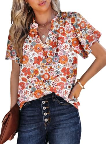 SHEWIN Summer Tops for Women Trendy Fashion Floral Petal Sleeve Loose Fit Blouses for Women Dressy Casual Orange X-Large - Image 1