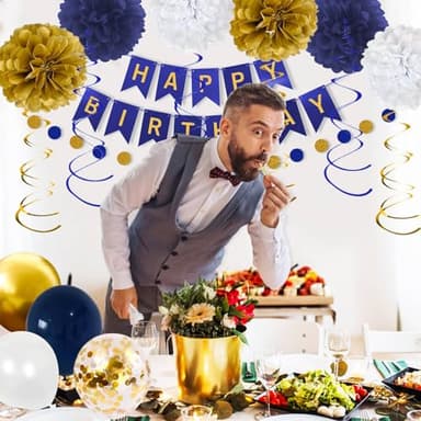 YGYXMY Birthday Decorations for Men, Navy Blue Gold White Happy Birthday Party Decorations Set - Banner, Balloons, Tissue Pompoms, Swirls, Tassels Garland - Image 3