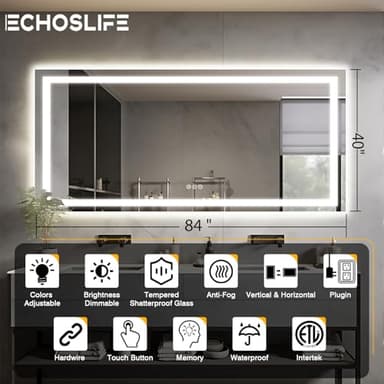 EchosLife Large 84"x40" Light up Bathroom Mirror with Front Lit and Backlit, Anti-Fog Vanity Mirror with Lights, Stepless Dimmable Lighted Mirror, 3 Colors Smart Mirror (Horizontal/Vertical) - Image 2