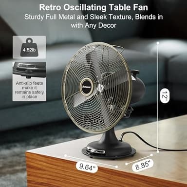 AMACOOL Oscillating Vintage Fan, All Metal 8" Retro Table Top Fan, Adjustable Head Tilt, Quiet 3 Speeds Plug-In Desk Fan for Bedroom Home Office & Kitchen - Image 5