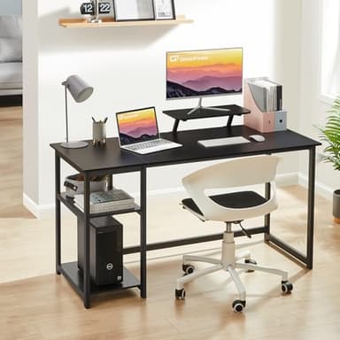 GreenForest Computer Home Office Desk with Monitor Stand and Reversible Storage Shelves,55 inch Modern Simple Writing Study PC Work Table,Black - Image 7