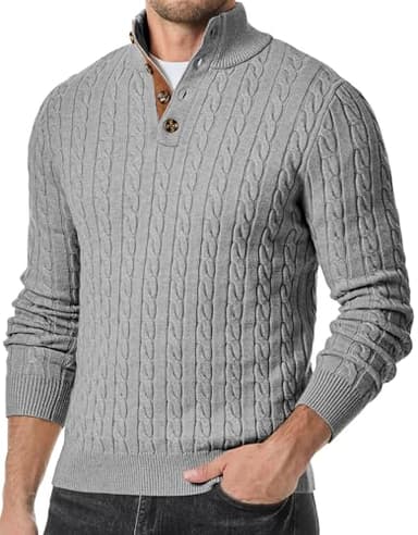 JMIERR Men's Cable Knit Slim Fit Casual Long Sleeve Essentials Soft Touch Button Stand Collar Wool Christmas Sweaters, M, Grey - Image 8
