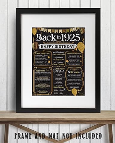 100th Birthday Party Decorations for 100th Birthday (One-hundred) - Remembering The Year 1925 Poster - Gifts for Men and Women Turning 100 - Back In 1925 Birthday Card Decorations 11x14 Unframed Print - Image 6