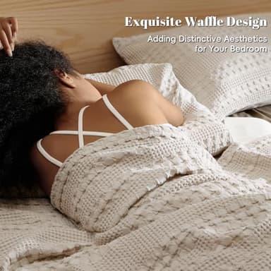 PHF 100% Cotton Waffle Weave Blanket Queen Size for Bed, Soft Lightweight & Breathable, All-Season Comfort, Luxury Aesthetic Woven Bedding for Home Decor, 90"x90", Oatmeal - Image 4