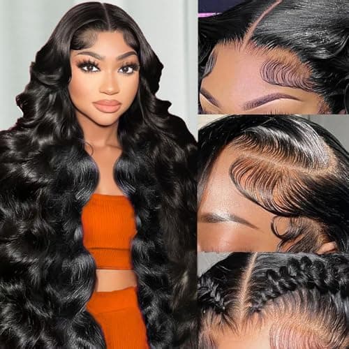 YetFree 28 Inch Body Wave Lace Front Wigs Human Hair Pre Plucked 13x6 HD Lace Frontal Wigs Brazilian Virgin Human Hair 200 Density Glueless Body Wave wig with Baby Hair Natural Black - Image 1