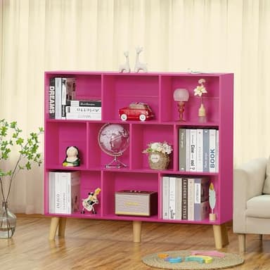 LEYAOYAO 10 Cube Bookshelf,3 Tier Modern Wide Bookcase with Legs,Mid-Century Wood Bookshelves Storage，Pink Large Book Case,Freestanding Organizer Display Shelf for Bedroom,Living Room,Office - Image 2