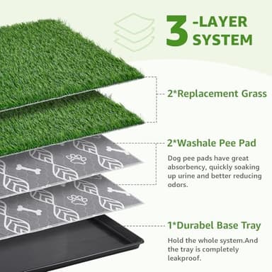LOOBANI Dog Grass Pad with Tray - 35x23in Dog Litter Box with 2 Artificial Grass Patch + 2 Washable Pee Pads - Quickly Absorbency Indoor Outdoor Potty for Patio Balcony Apartment Use - Image 2