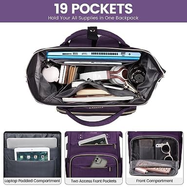 LOVEVOOK Laptop Backpack for Women,17 Inch Professional Womens Travel Backpack Purse Computer Laptop Bag Nurse Teacher Backpack,Waterproof Work Bags Carry on Back Pack with USB Port,Dark Purple - Image 3
