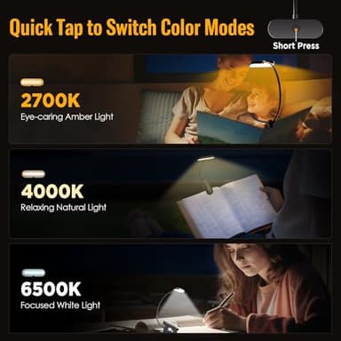 Clip-On Book Light for Reading in Bed - Portable LED Reading Light with 3 Brightness Levels,80 Hours Runtime,Rechargeable Clip Lamp for Books,Magazines,E-Readers,travel,Kid,Student,Adult,Night Readers - Image 3