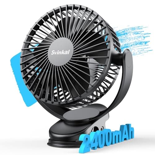 Svinkal USB Portable Clip on Fan, 2400mAh Battery Type-C 6in, 3 Speed 720° Tilting Head, Black Personal Rechargeable Fan for Desk, Bedside, Golf Cart, Baby Stroller, Indoor & Outdoor Use - Image 1