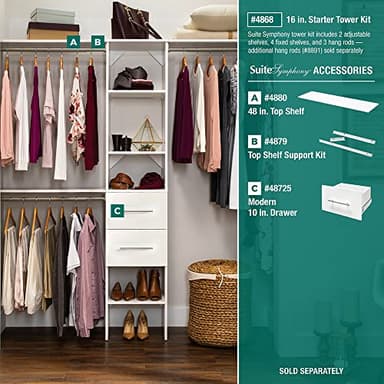 ClosetMaid SuiteSymphony Wood Closet Organizer Starter Kit with Tower and 3 Hang Rods, Shelves, Adjustable, Fits Spaces 4 – 9 ft. Wide, Engineered Wood, Pure White, 16" - Image 5
