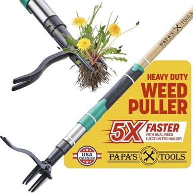 Papa's Tools Weed Puller Tool, 44" Stand Up Weeder Garden Tools & 4 Claw Steel Head, Dual Weed Eject Tech. Made with Real Bamboo & Long Wooden Handle, Yard Weeding Remover for Gardening Men & Women - Image 1