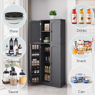 Yusong 64'' Kitchen Storage Cabinet, Tall Kitchen Pantry Storage Cabinet with Doors and Shelves, Food Pantry Cabinet Free Standing Pantry for Kitchen Dining Living Room, Grey - Image 5
