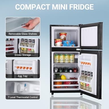 Apartment Size Fridge with Freezer 3.6 Cu. Ft. Mini Refrigerator with Freezer, Small Dorm Fridge Adjustable Thermostat & Shelves Small Refrigerator with Freezer for College, Office, Kitchen, Black - Image 5