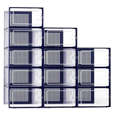 Kuject X-Large Shoe Storage Boxes Organizers Clear Plastic Stackable 12 Pack, Shoe Rack & Holder Substitute, Sneaker Containers, Toy Storage Organizer Bins for Entryway, Closet, Under Bed, Blue - Image 1