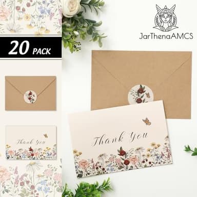 JarThenaAMCS Wildflower Thank You Cards Vintage Flower Greeting Cards Floral Blank Note Cards with Kraft Envelope Sticker for Birthday Wedding Bridal Shower, 4 x 6 Inch, 20 Pack - Image 4