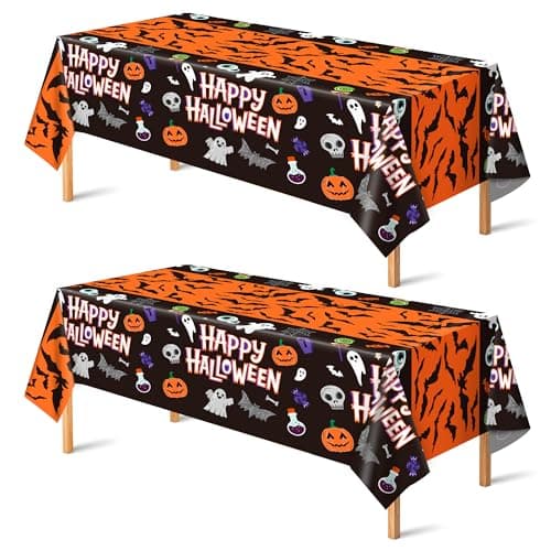 OHOME Halloween Decorations - 2 Pack Plastic Tablecloth for Halloween Party Decorations | Skeletons Bats Ghosts Pumpkin Table Decor for Outdoor Indoor Party Favors Supplies Backdrop Banner - Image 1