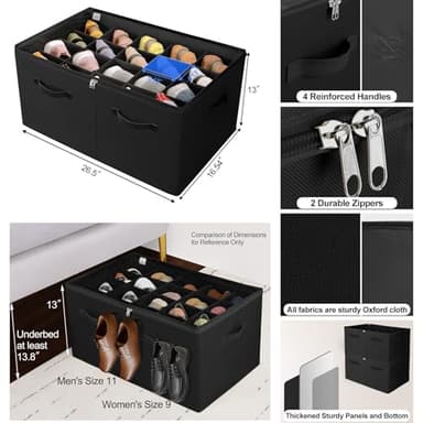 TOPIA HOME Shoe Organizer for Closet 2 Pack, Foldable Shoe Box with Adjustable Divider and Clear Cover, Space Saving Shoe Storage Organizer Cabinet with Reinforced Handles, Fits 40 Pair, Black, TP11B - Image 2