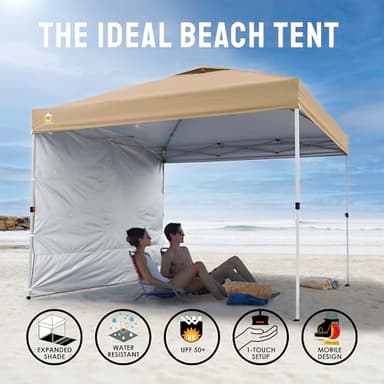 CROWN SHADES 10x10 Pop Up Canopy with 1 Side Wall - Beach Tent with One Push Setup - Outdoor Sun Shade for Events, Parties, Camping - Gazebo with STO-N-Go Cover Bag (Beige) - Image 4