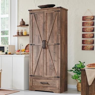 Farmhouse Kitchen Pantry Cabinet - 72" Tall Wood Kitchen Storage Cabinets with Adjustable Shelves & 2 Barn Doors & Drawer, Versatile Storage for Dining Room, Bathroom, Utility Room, Light Brown - Image 1