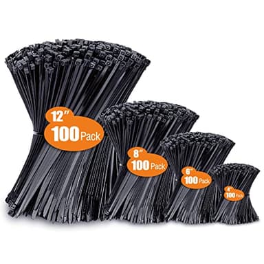 Zip Ties Assorted Sizes(4”+6”+8”+12”), 400 Pack, Black Cable Ties, UV Resistant Wire Ties by ANOSON - Image 1