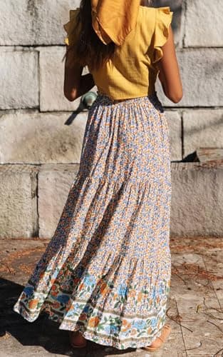 ZESICA Women's 2025 Summer Bohemian Floral Printed Elastic Waist A Line Maxi Skirt with Pockets,Cream,Large - Image 4