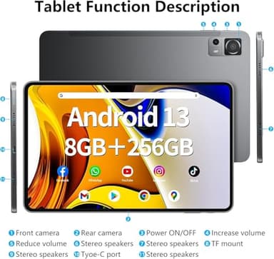 Android Tablet 12 Inch with 8GB RAM 256GB ROM, Octa-Core 2.0Ghz Processor, 2000 * 1200 FHD IPS Touch Screen, 5MP+13MP Dual Camera, 8000mAh Battery, 2K Android 13 Tablet, 5G WiFi, Bluetooth 5.0,GPS - Image 7