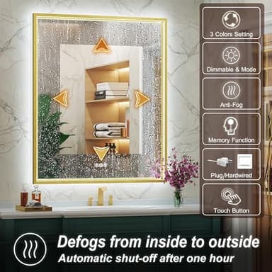 JSneijder 30x36 Inch Gold LED Bathroom Mirror with Front & Back Lights, Adjustable 3000K/4500K/6000K, Wall Mounted Lighted Bathroom Vanity Mirrors, Anti-Fog, Dimmable, Horizontal/Vertical - Image 5