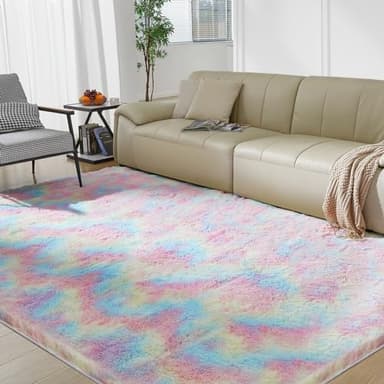 Fluffy Colorful Rug for Living Bedroom, Rainbow Fluffy Soft Plush Area Rugs for Girls Bedroom, Fuzzy Nursery Rug for Baby's Toddler's，Clorful Room Decor for Teenage, Easy-Cleaning, Non Shedding, 3X4 - Image 1
